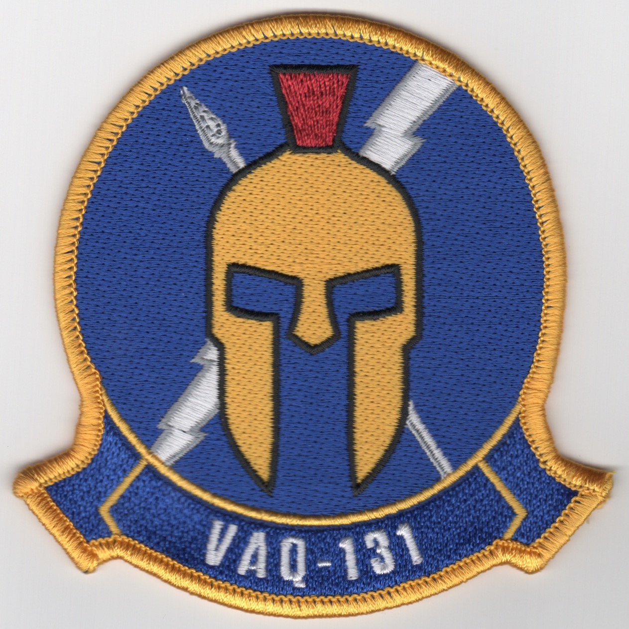 VAQ-131 Squadron Patch (Dk Blue/Sparta Mask/No Atom/White-Gray Bolts)